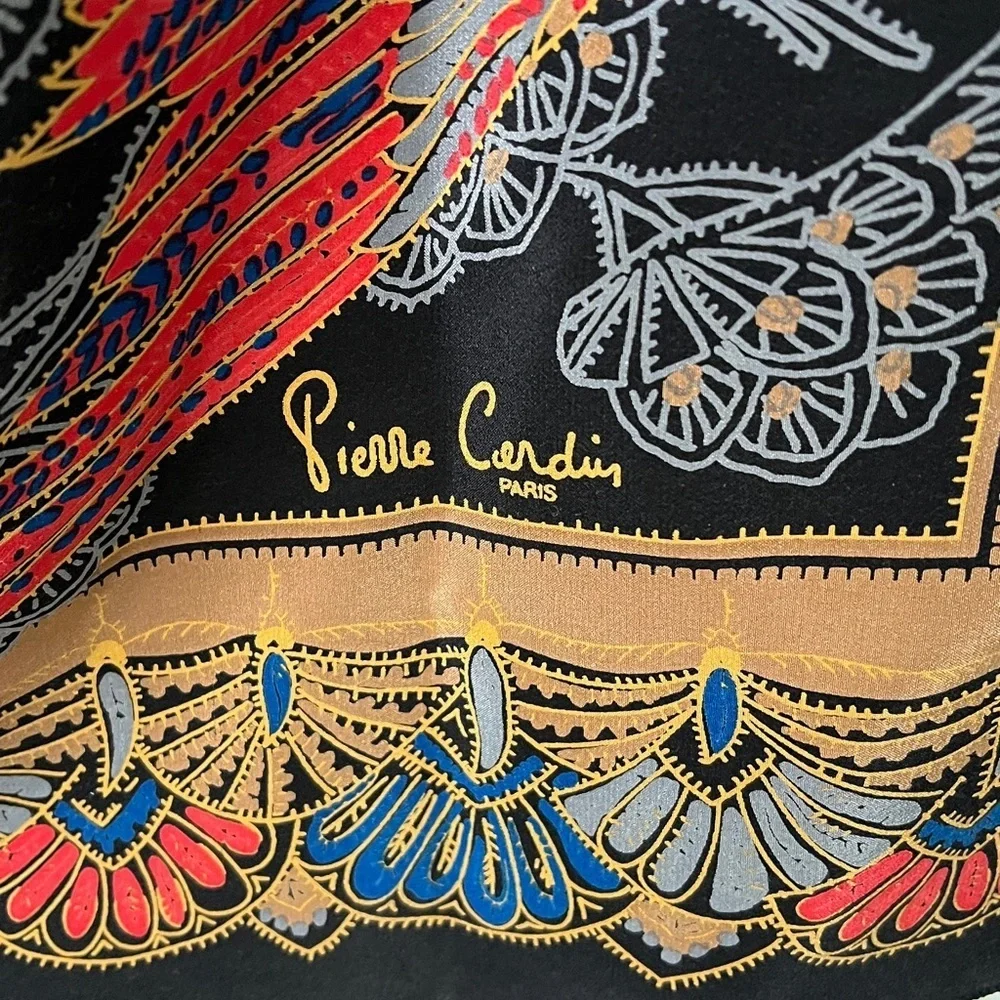 Pierre Cardin Oversized Silk Scarf 55x55 Birds Crane Print Black Gold